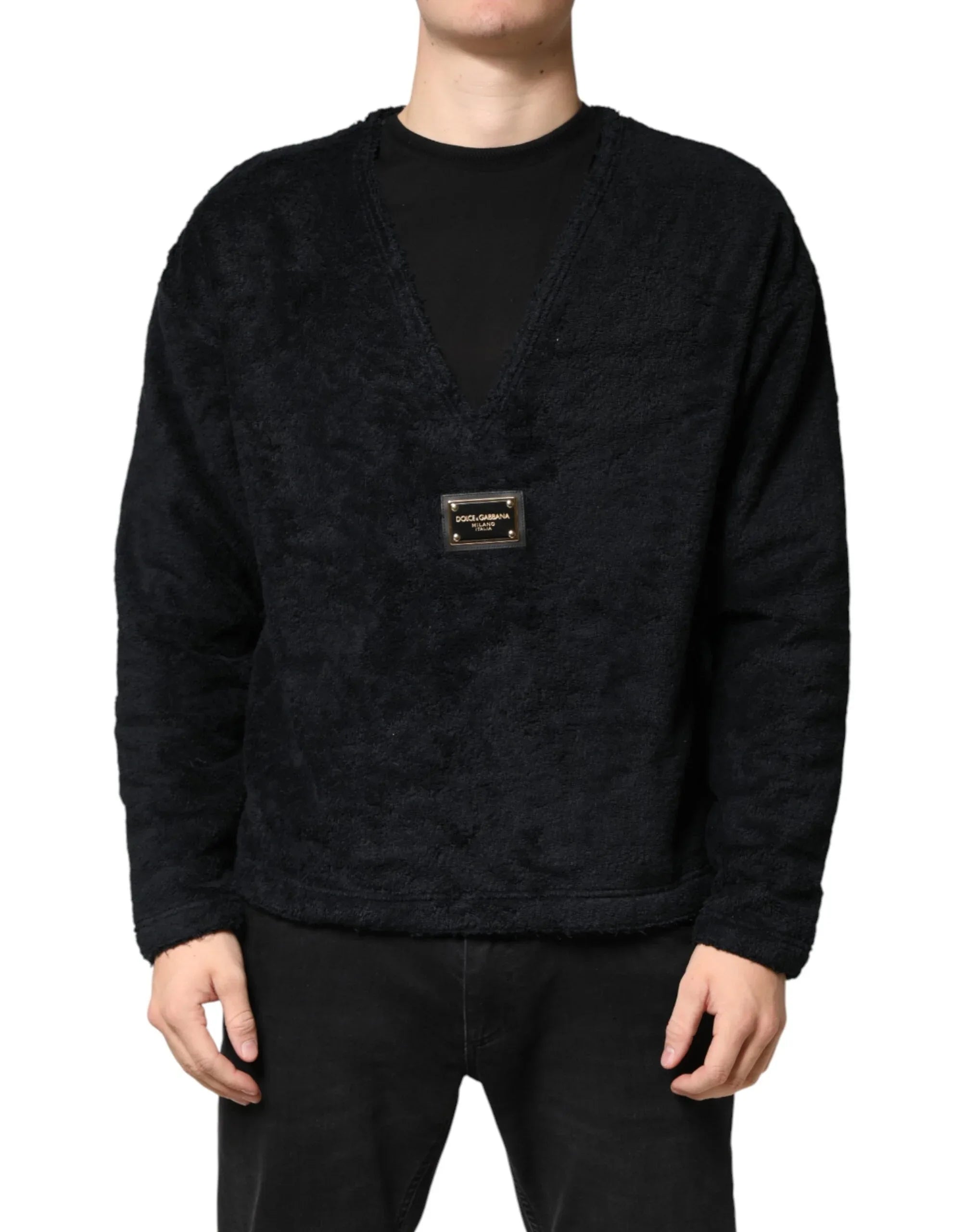 Dolce & Gabbana Black Cotton V-Neck Men Sweatshirt Sweater - Zeiniez