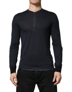 Dolce & Gabbana Dark Blue Cotton Henley Long Sleeves T-Shirt - Zeiniez