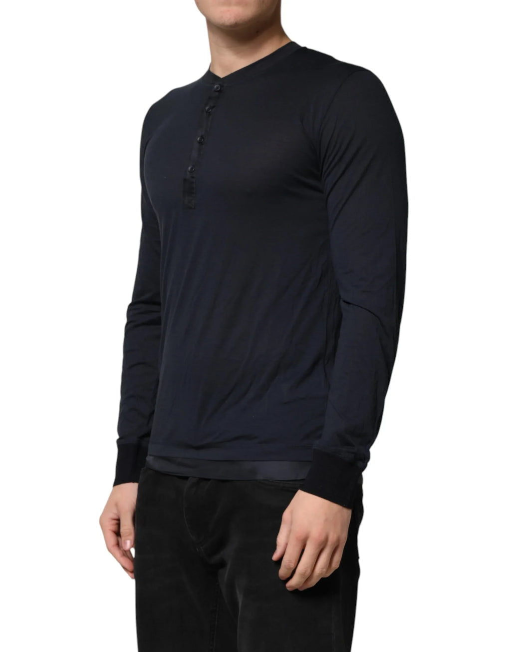 Dolce & Gabbana Dark Blue Cotton Henley Long Sleeves T-Shirt - Zeiniez