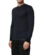 Dolce & Gabbana Dark Blue Cotton Henley Long Sleeves T-Shirt - Zeiniez