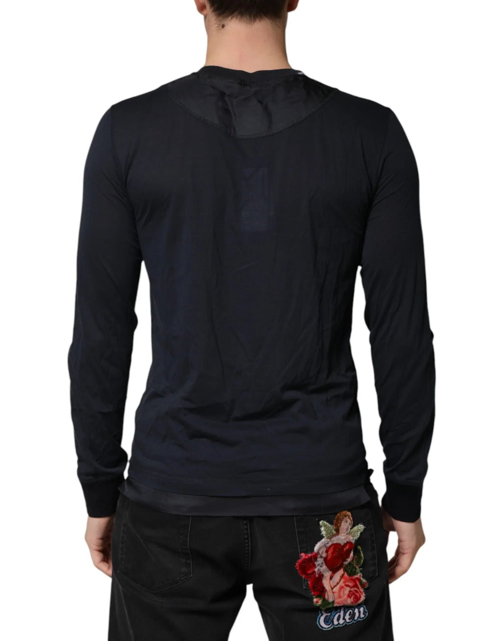 Dolce & Gabbana Dark Blue Cotton Henley Long Sleeves T-Shirt - Zeiniez