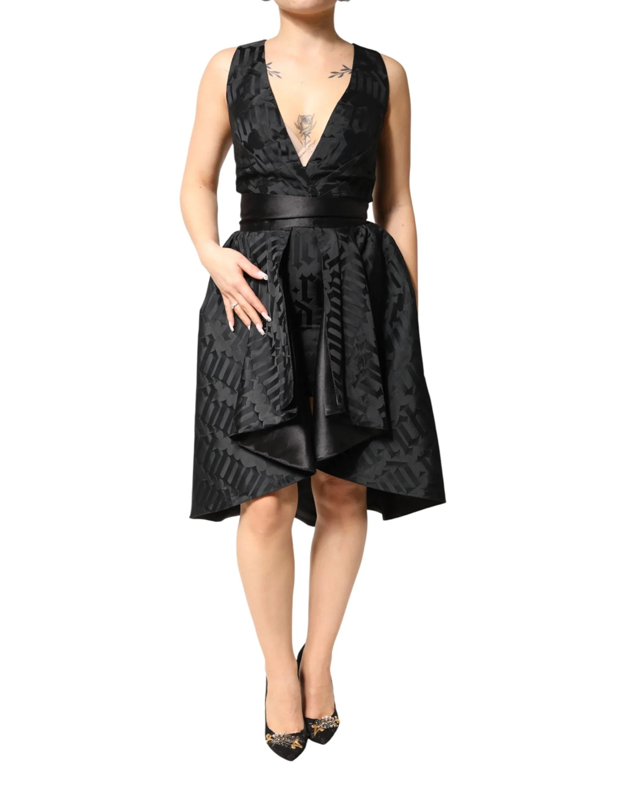 John Richmond Black Jacquard Deep V-neck Sleeveless 2 Pc Dress - Zeiniez