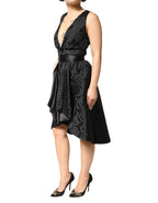 John Richmond Black Jacquard Deep V-neck Sleeveless 2 Pc Dress - Zeiniez