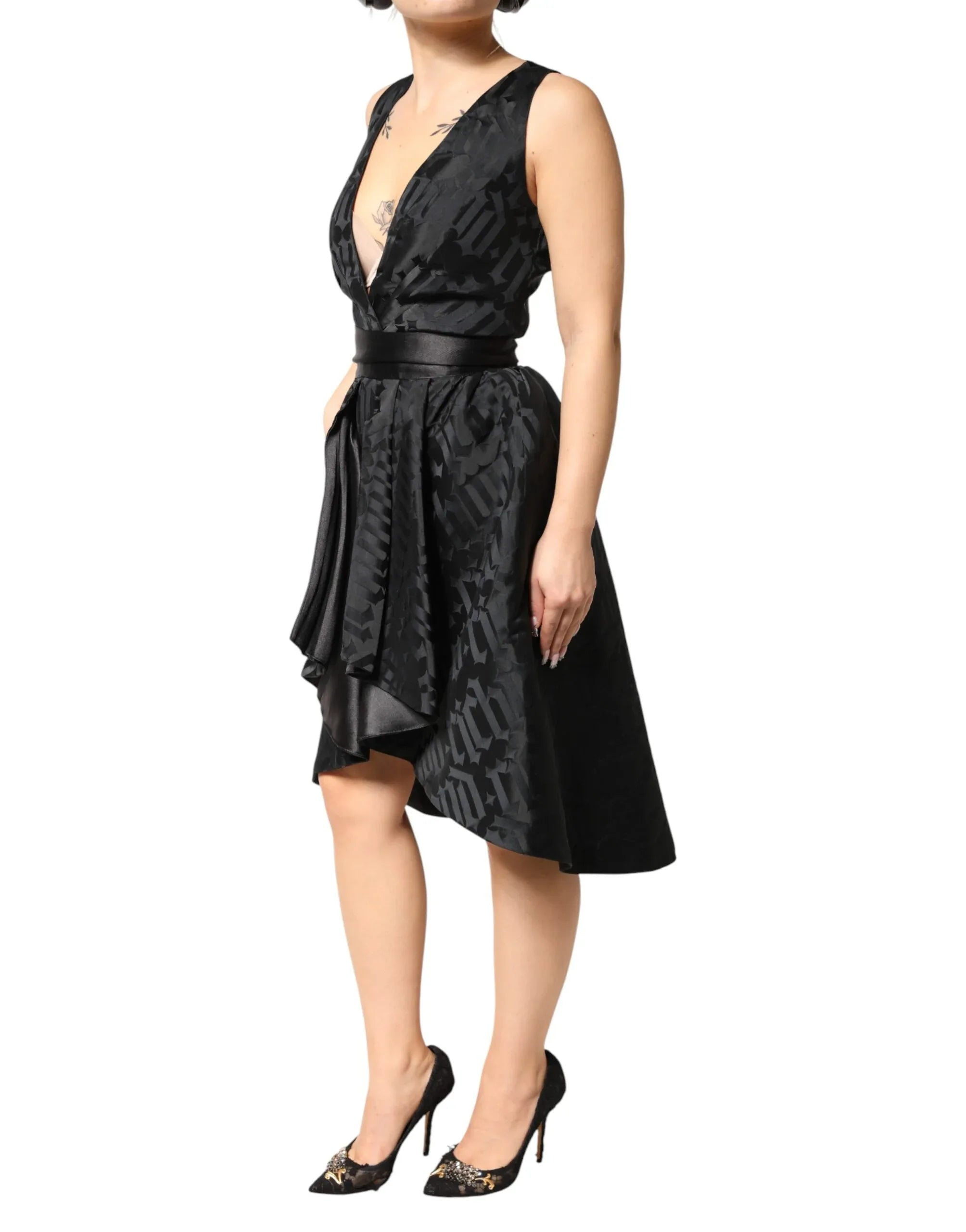 John Richmond Black Jacquard Deep V-neck Sleeveless 2 Pc Dress - Zeiniez