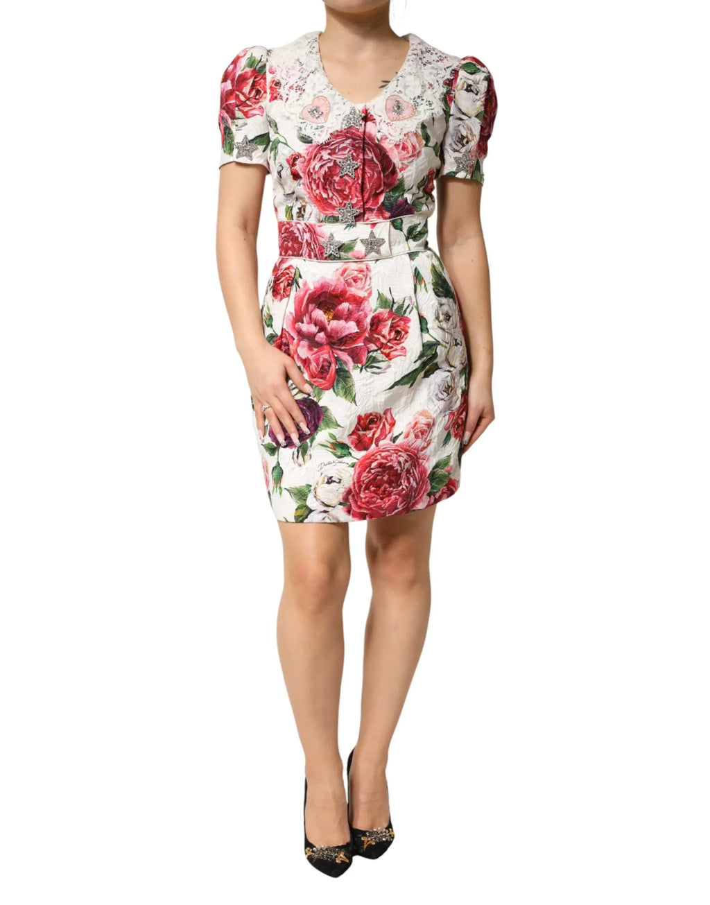 Dolce & Gabbana White Floral Embellished Sheath Mini Dress - Zeiniez