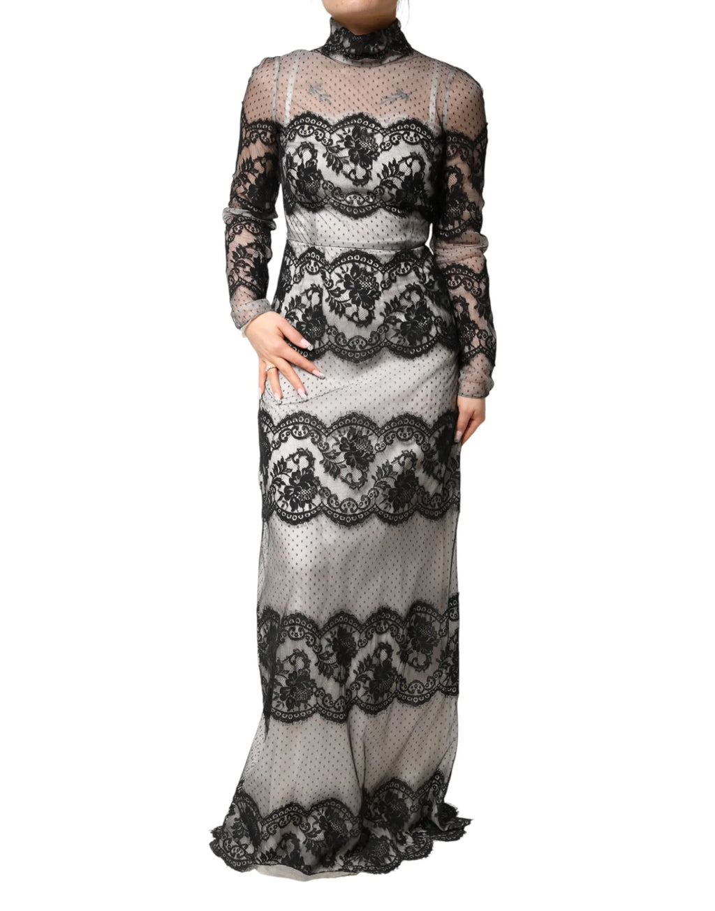 Dolce & Gabbana Black White Lace Silk Blend MaxiSheath Dress - Zeiniez