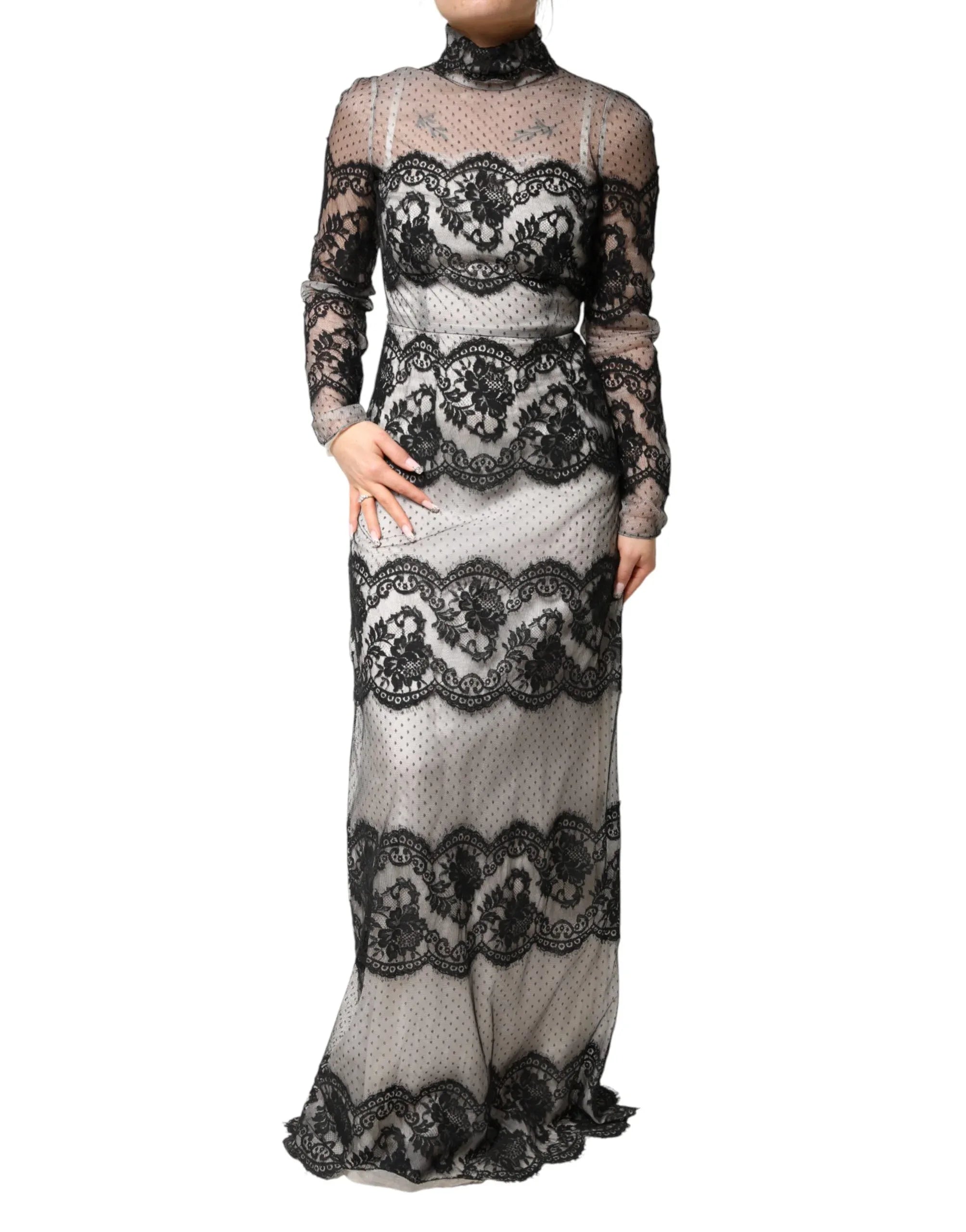 Dolce & Gabbana Black White Lace Silk Blend MaxiSheath Dress - Zeiniez