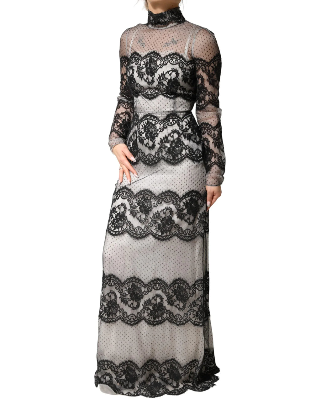Dolce & Gabbana Black White Lace Silk Blend MaxiSheath Dress - Zeiniez