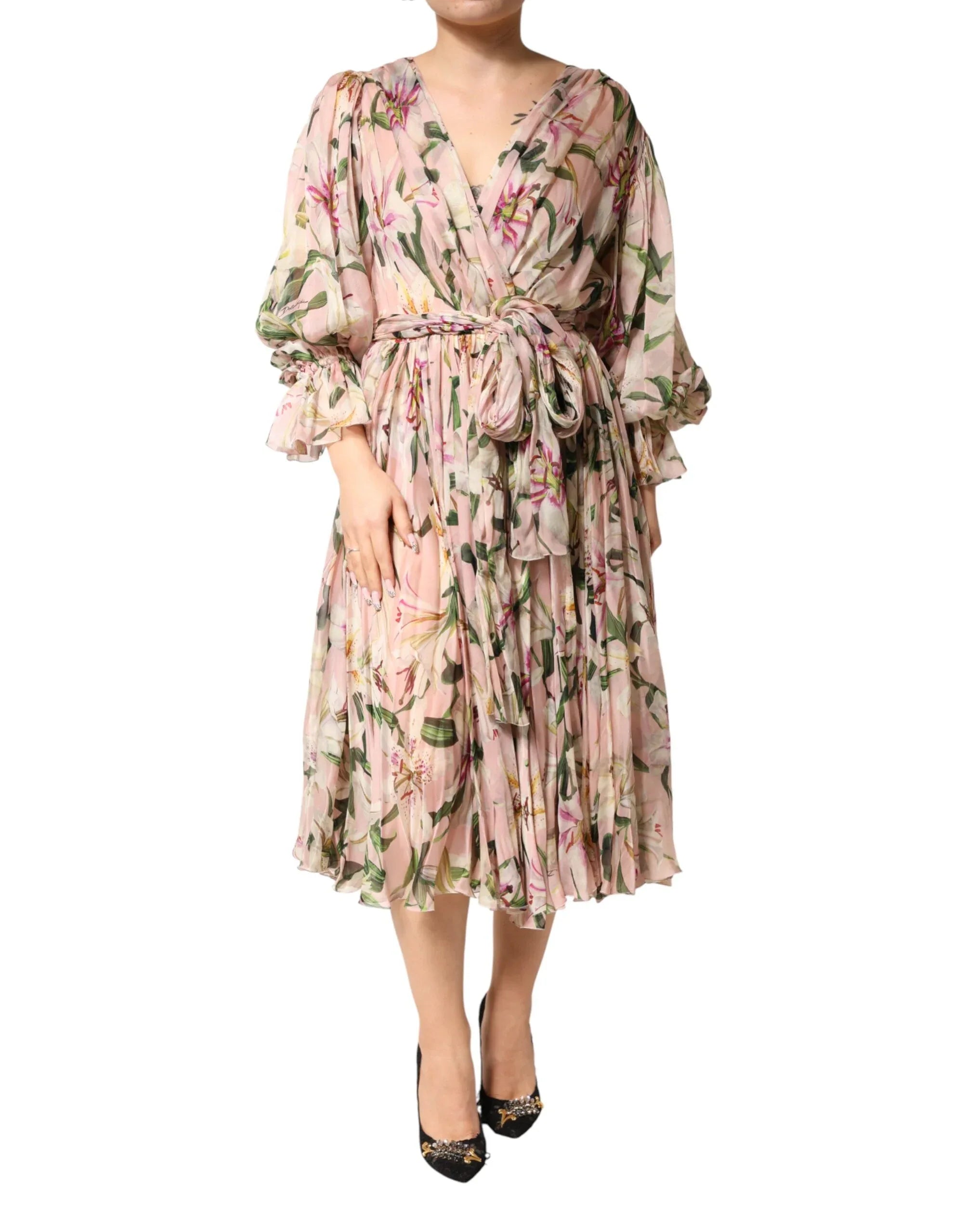 Dolce & Gabbana Pink Lily Print A-line Pleated Maxi Dress - Zeiniez
