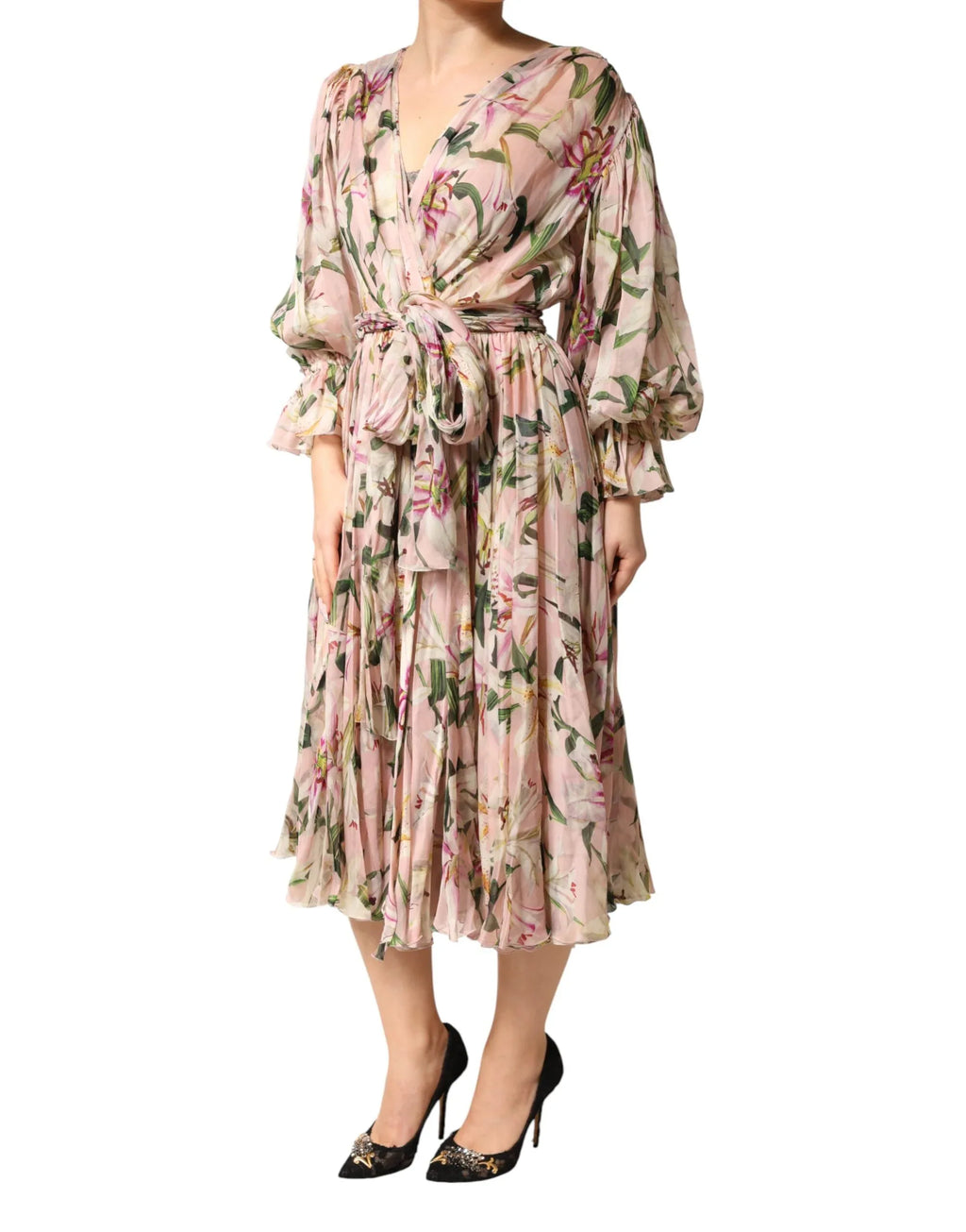 Dolce & Gabbana Pink Lily Print A-line Pleated Maxi Dress - Zeiniez