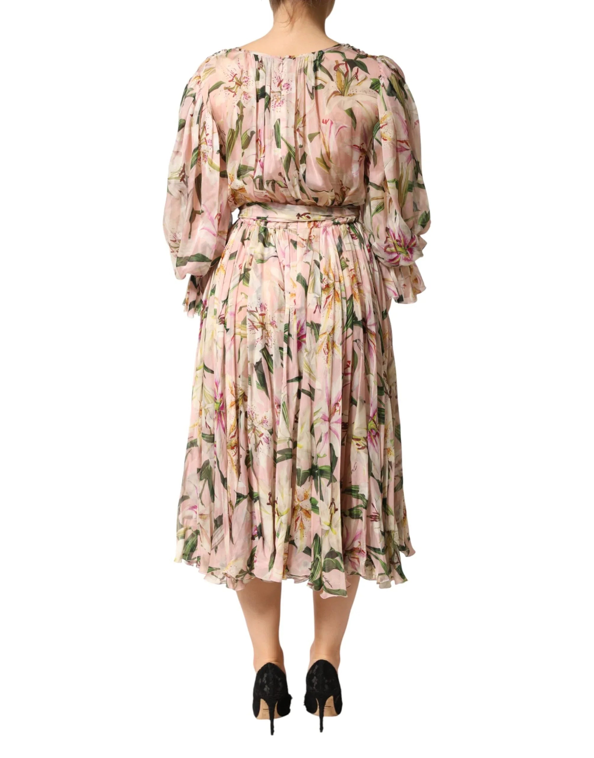 Dolce & Gabbana Pink Lily Print A-line Pleated Maxi Dress - Zeiniez