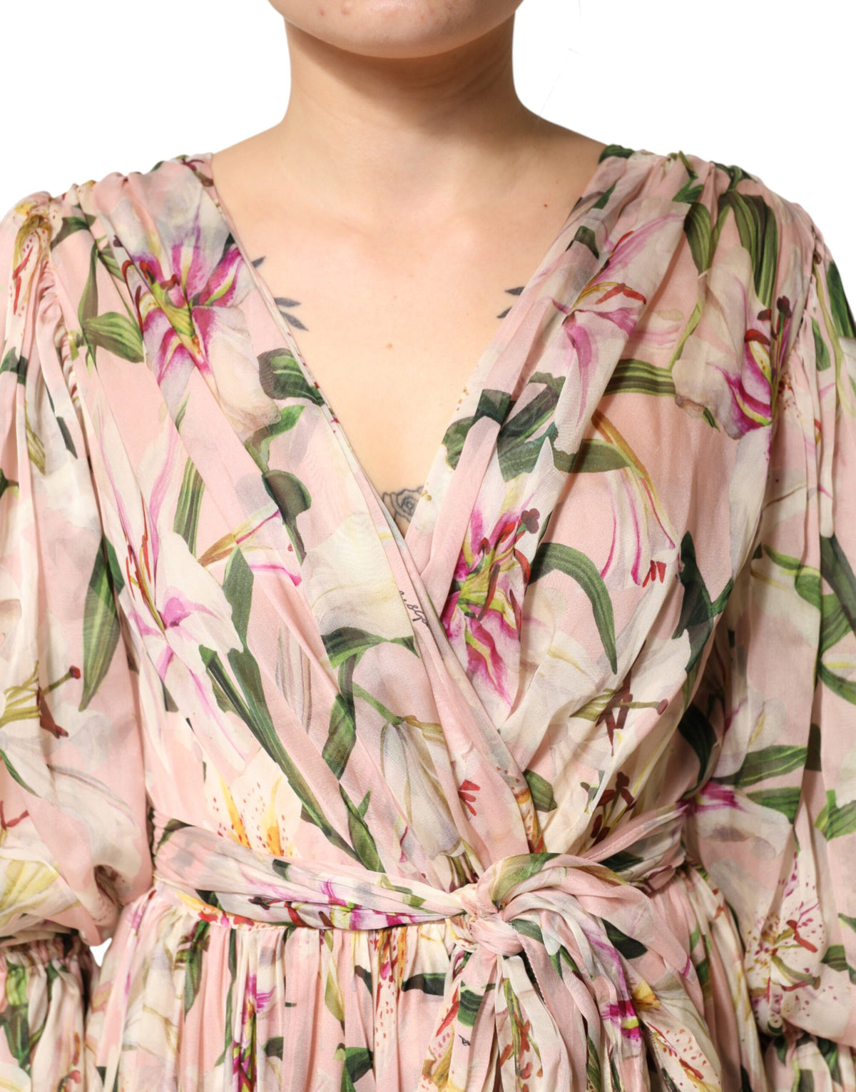 Dolce & Gabbana Pink Lily Print A-line Pleated Maxi Dress