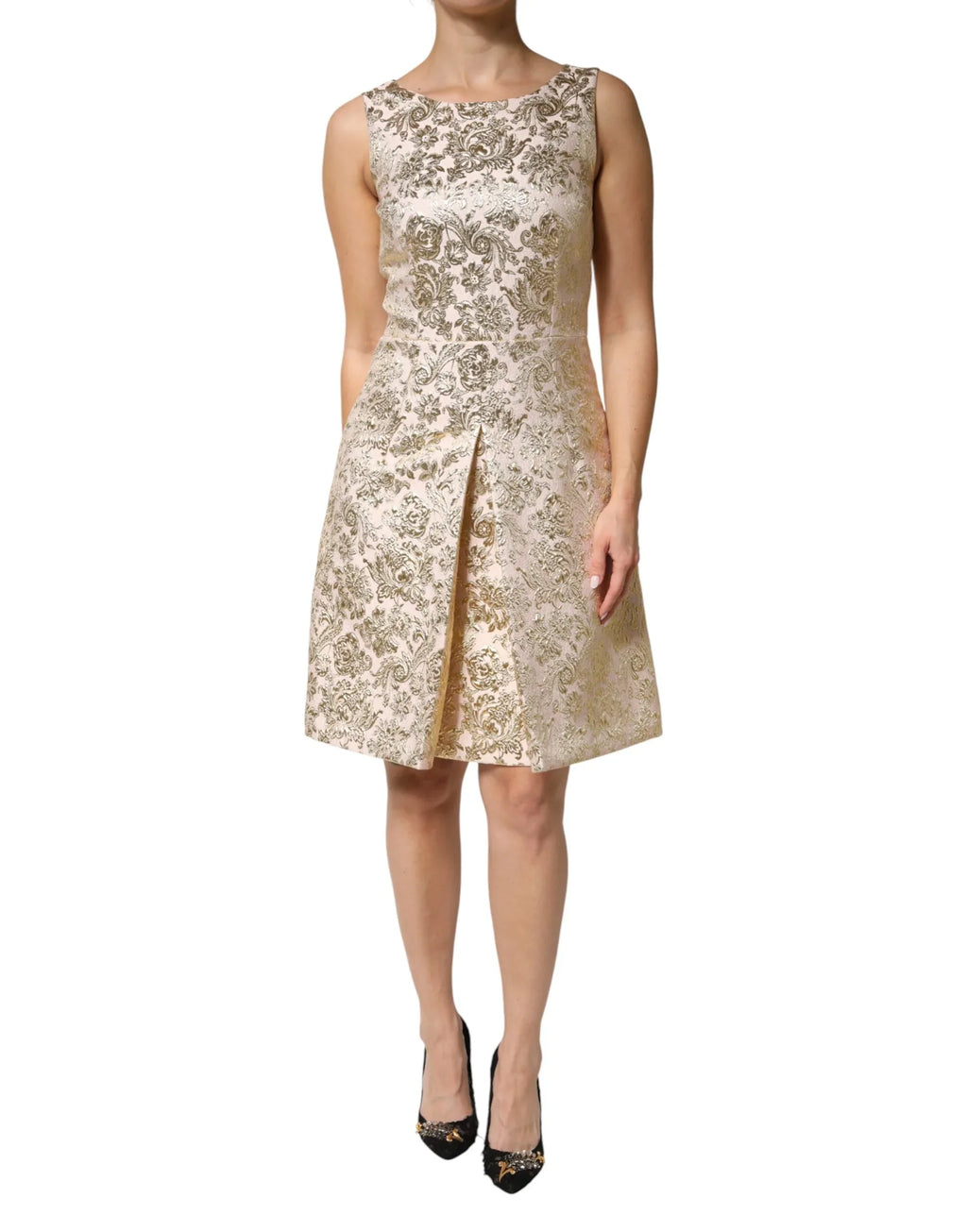 Dolce & Gabbana Beige Gold Floral Brocade Sleeveless Dress - Zeiniez