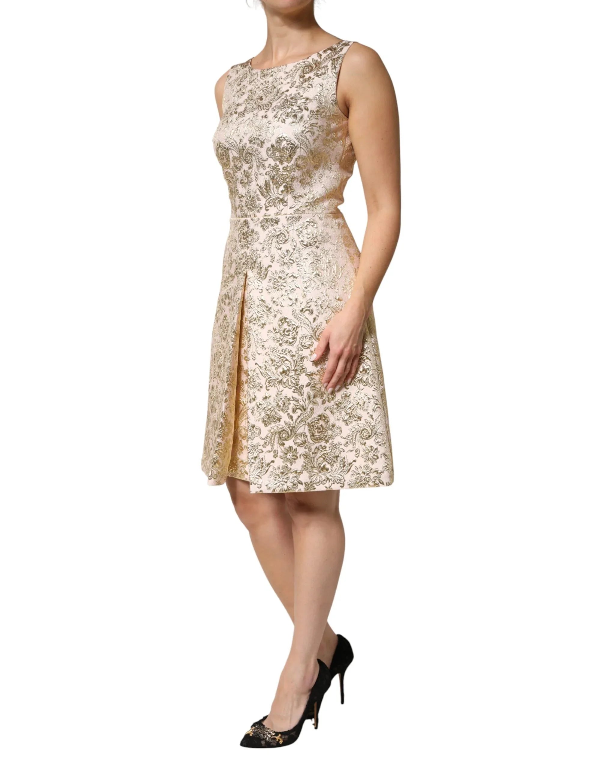 Dolce & Gabbana Beige Gold Floral Brocade Sleeveless Dress - Zeiniez