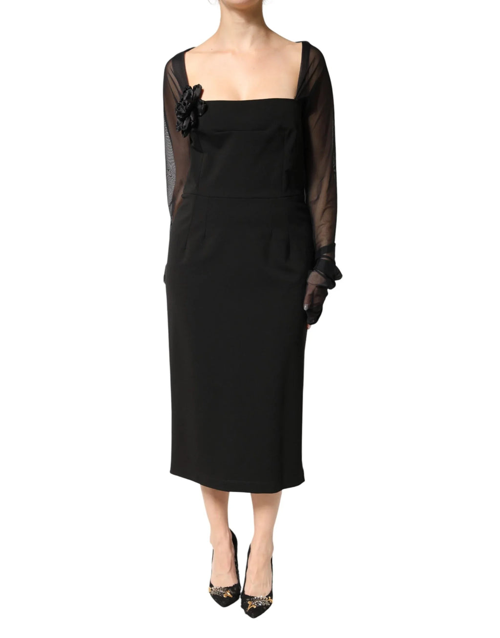 Dolce & Gabbana Black Sheer Yoke Rosette Sheath Midi Dress - Zeiniez
