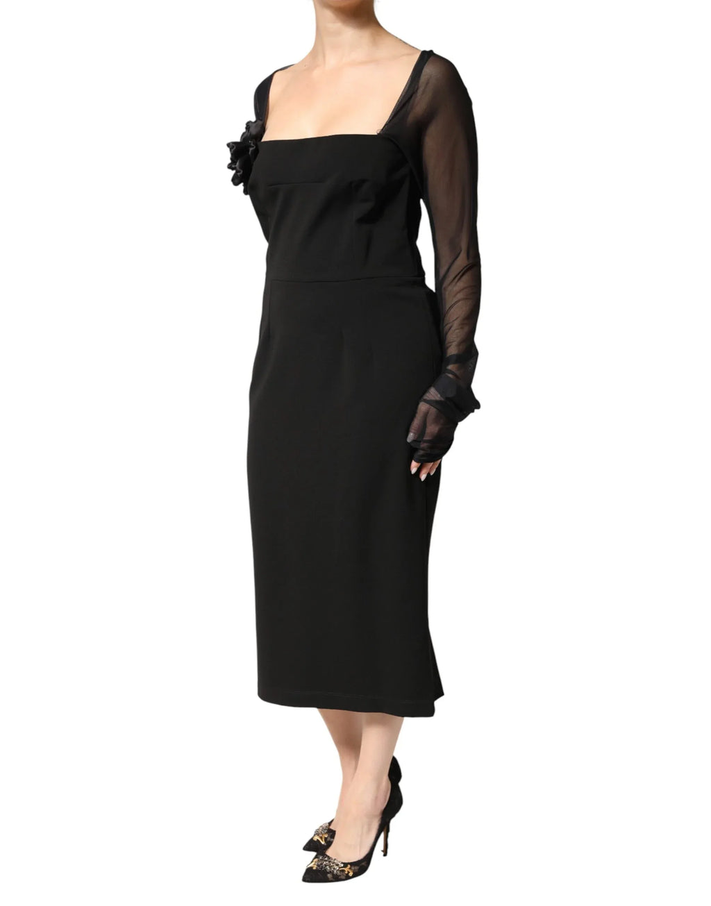 Dolce & Gabbana Black Sheer Yoke Rosette Sheath Midi Dress - Zeiniez