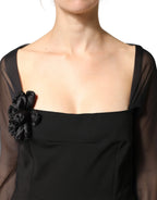 Dolce & Gabbana Black Sheer Yoke Rosette Sheath Midi Dress - Zeiniez