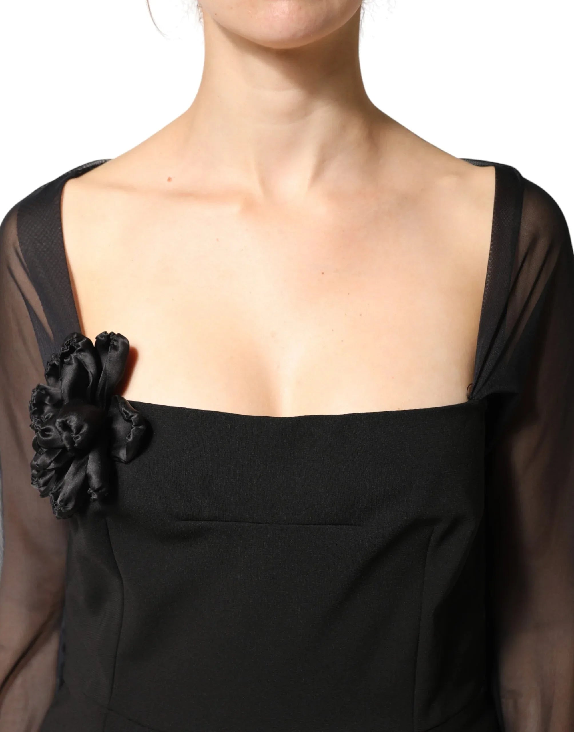 Dolce & Gabbana Black Sheer Yoke Rosette Sheath Midi Dress - Zeiniez