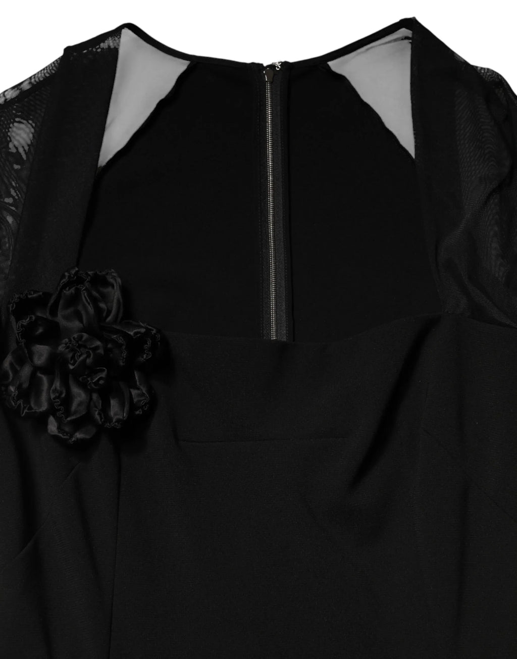 Dolce & Gabbana Black Sheer Yoke Rosette Sheath Midi Dress - Zeiniez