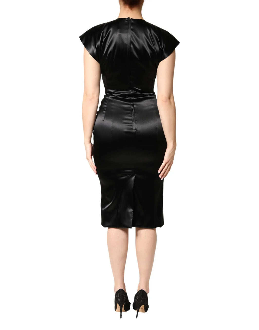 Dolce & Gabbana Black Satin Sheath Midi Cap Sleeves Dress - Zeiniez