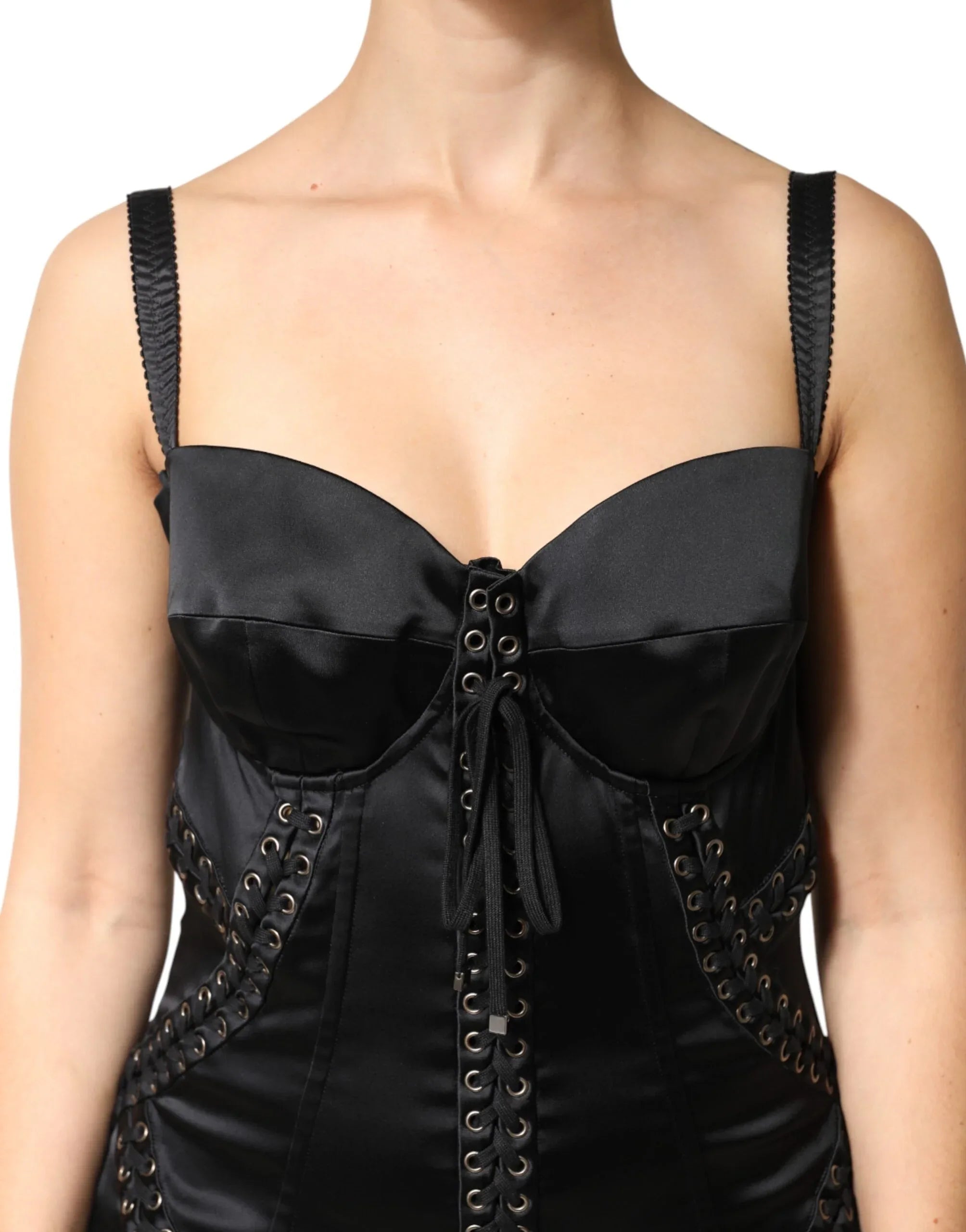 Dolce & Gabbana Black Satin Acetate Lace Eyelets Mini Dress - Zeiniez