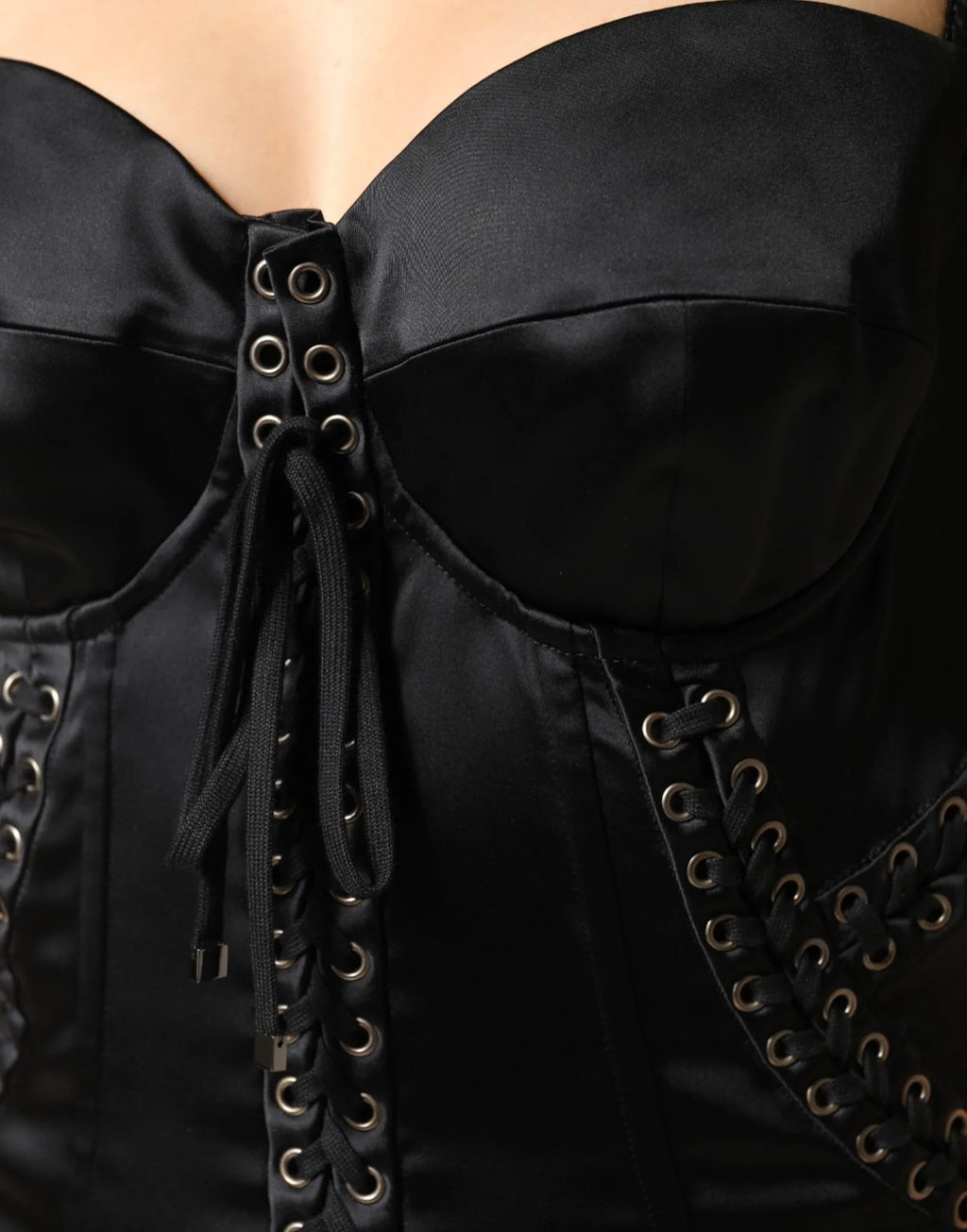 Dolce & Gabbana Black Satin Acetate Lace Eyelets Mini Dress - Zeiniez
