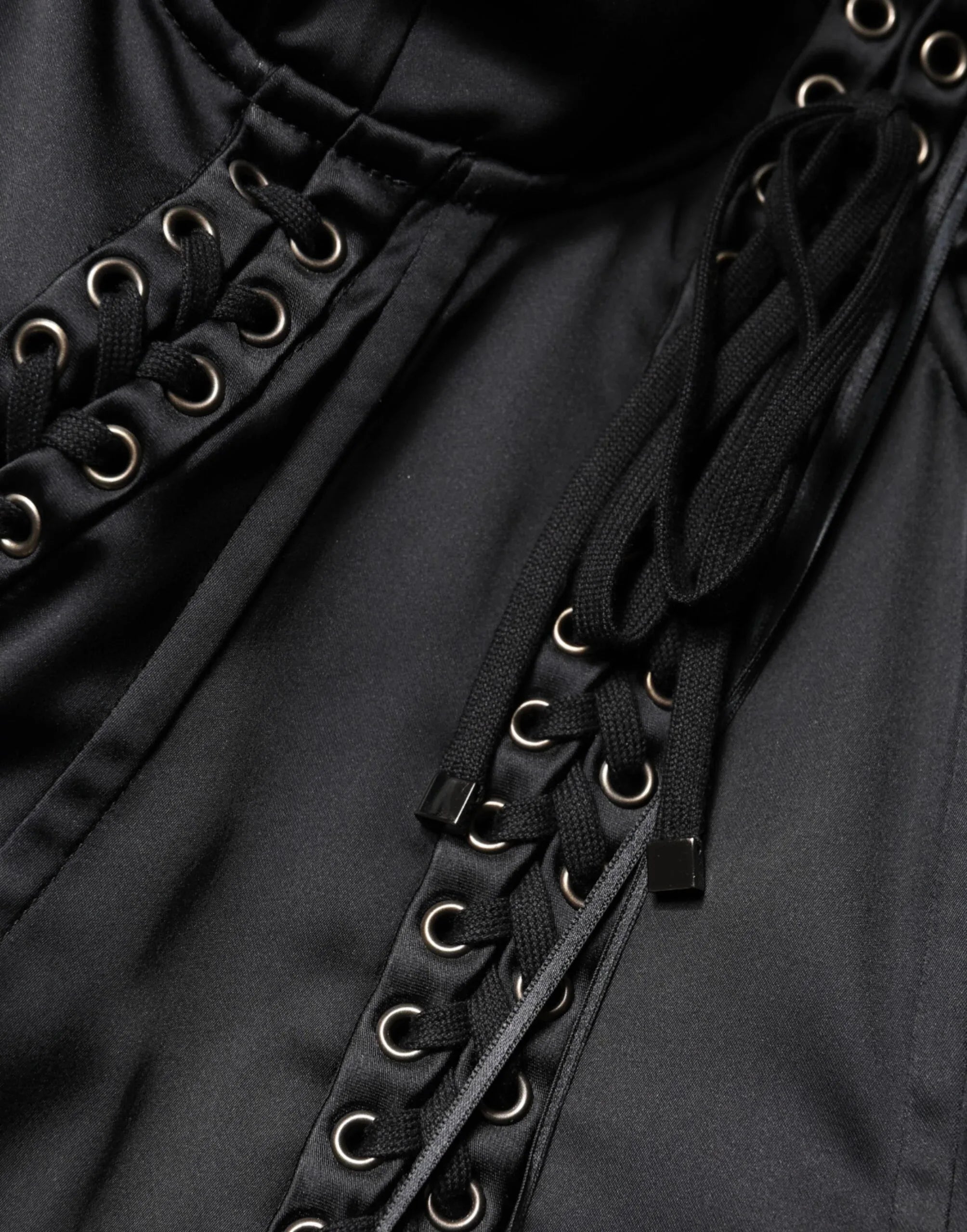 Dolce & Gabbana Black Satin Acetate Lace Eyelets Mini Dress - Zeiniez