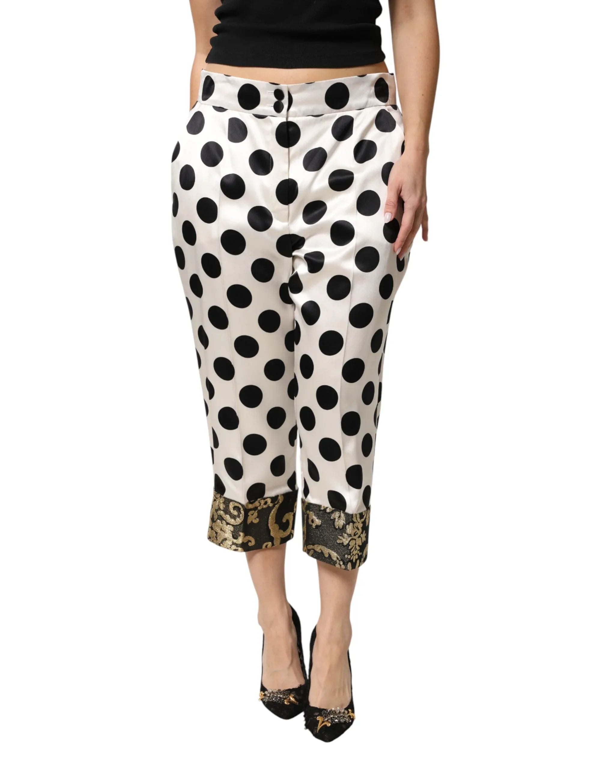 Dolce & Gabbana White Black Polka Dot Silk Mid Waist Cropped Pants - Zeiniez
