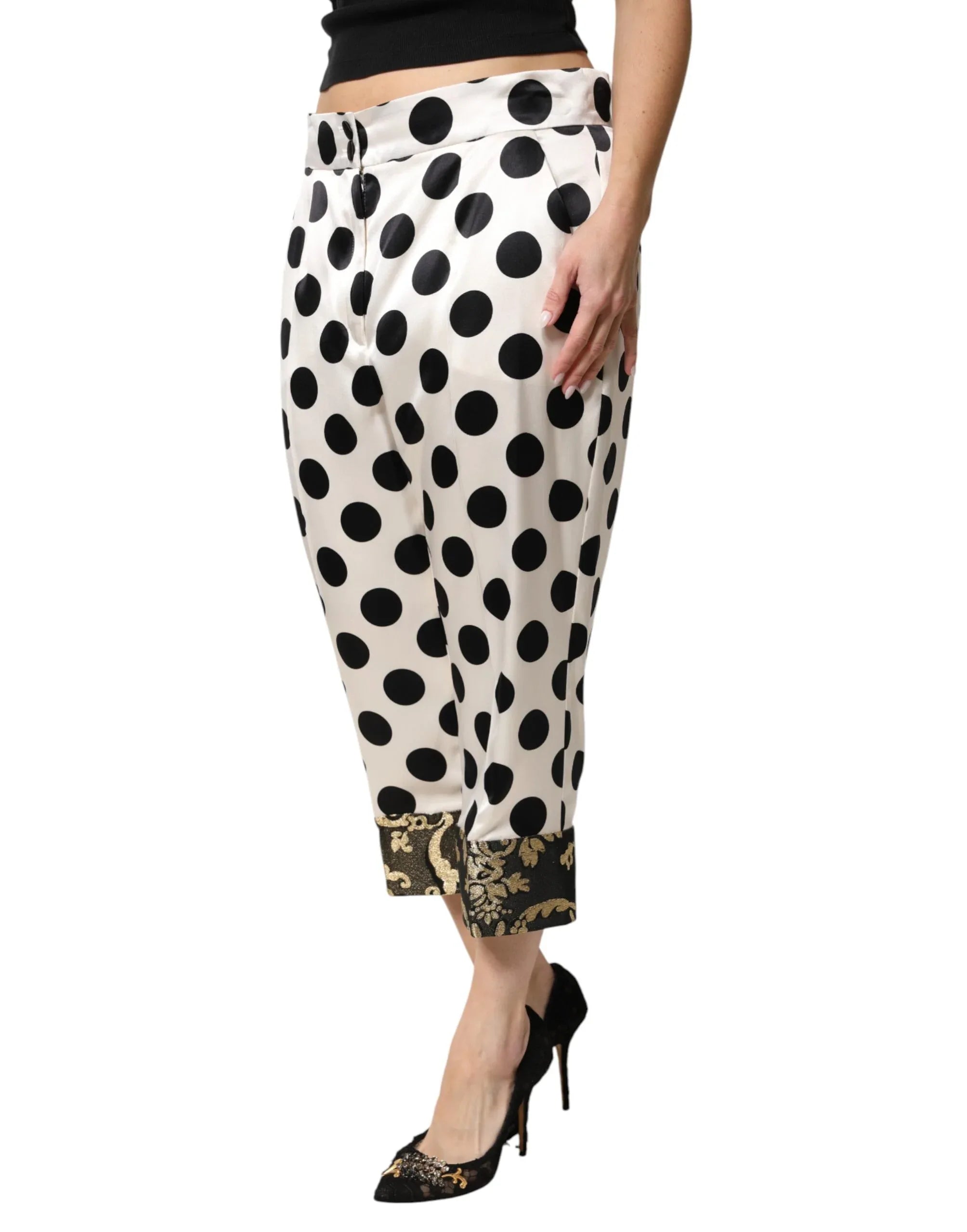 Dolce & Gabbana White Black Polka Dot Silk Mid Waist Cropped Pants - Zeiniez