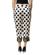 Dolce & Gabbana White Black Polka Dot Silk Mid Waist Cropped Pants - Zeiniez