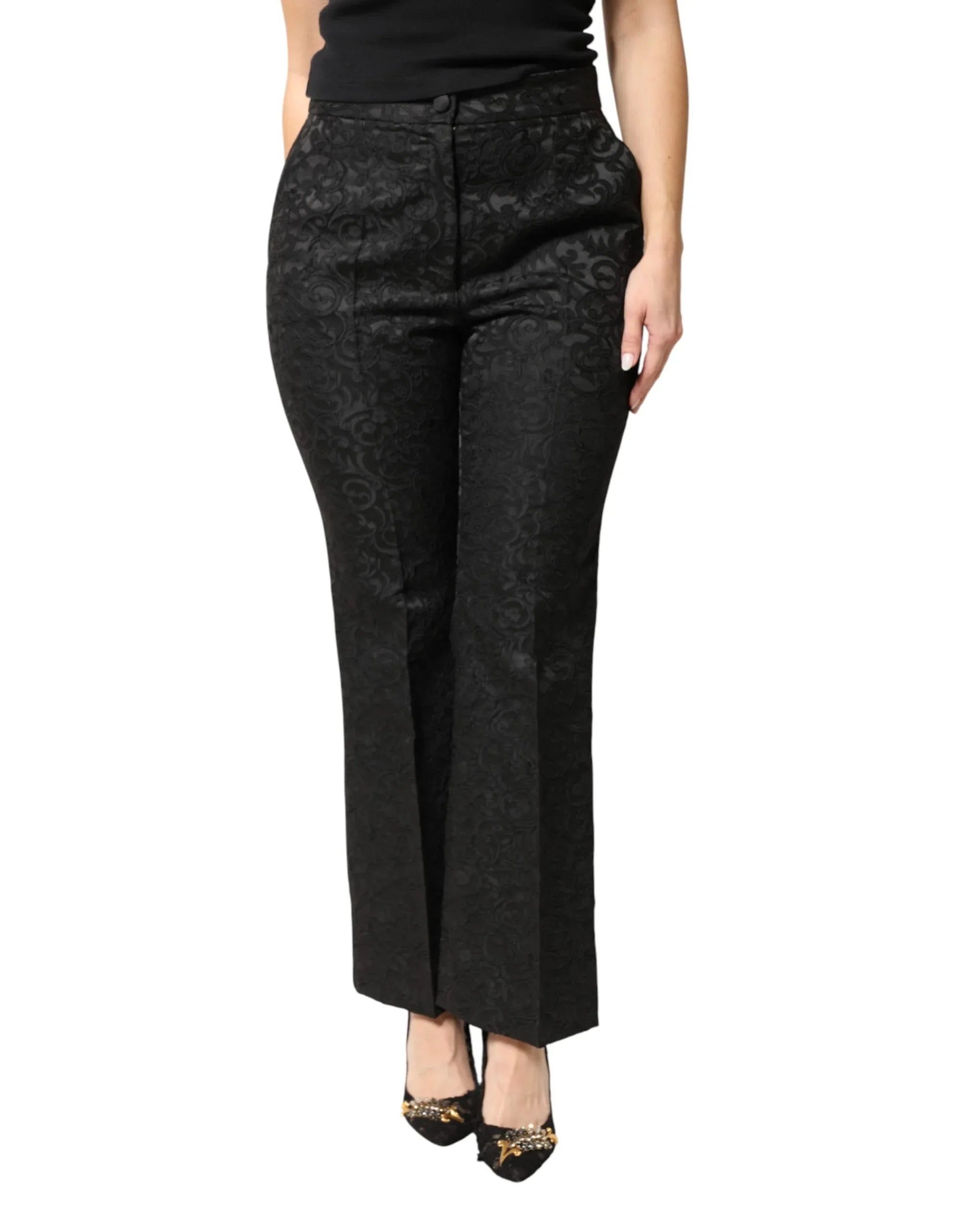 Dolce & Gabbana Black Floral Brocade High Waisted Trouser Pants - Zeiniez