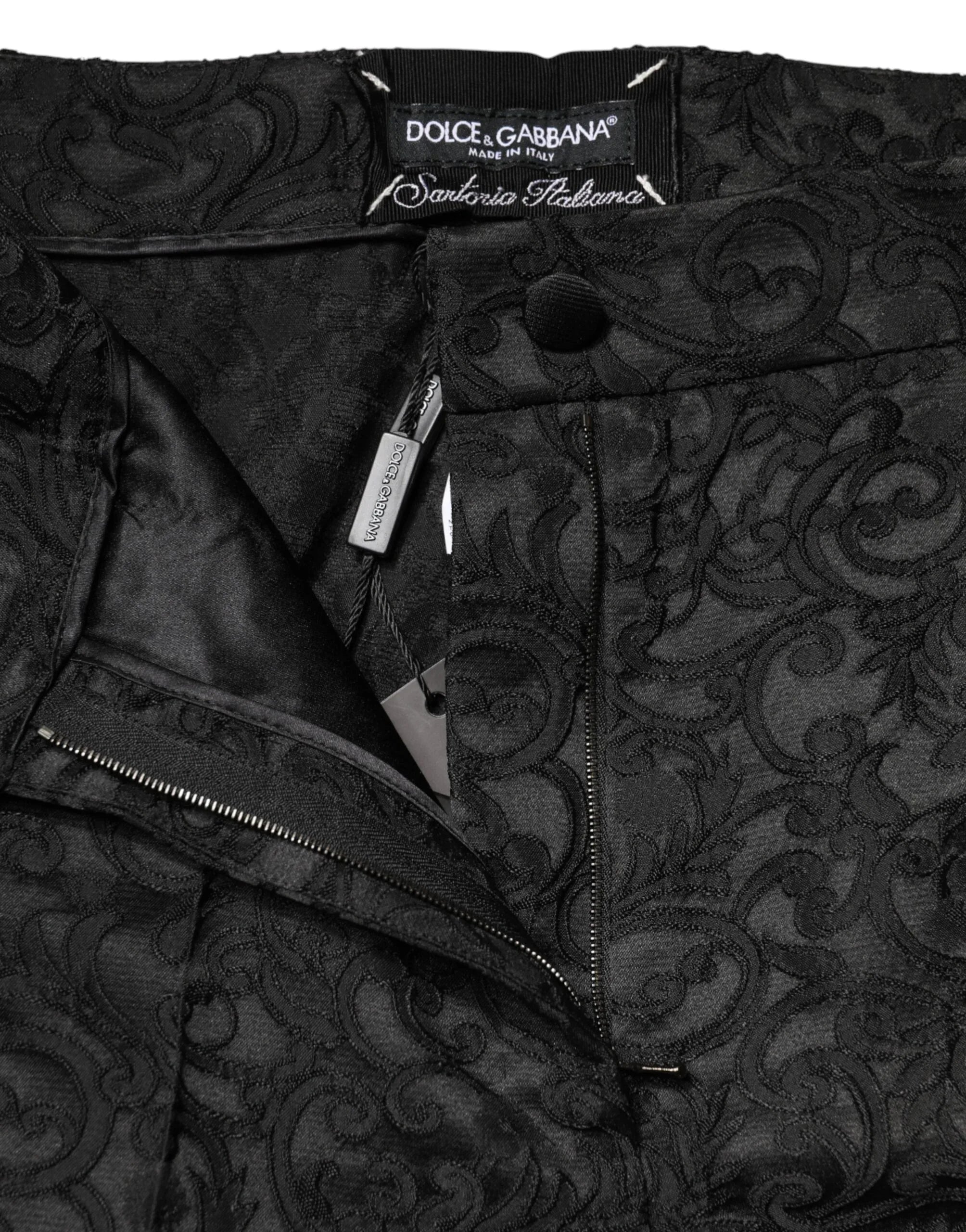 Dolce & Gabbana Black Floral Brocade High Waisted Trouser Pants - Zeiniez