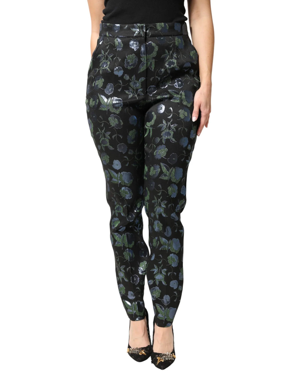Dolce & Gabbana BlueGreen Floral Metallic Slim Trouser Pants - Zeiniez