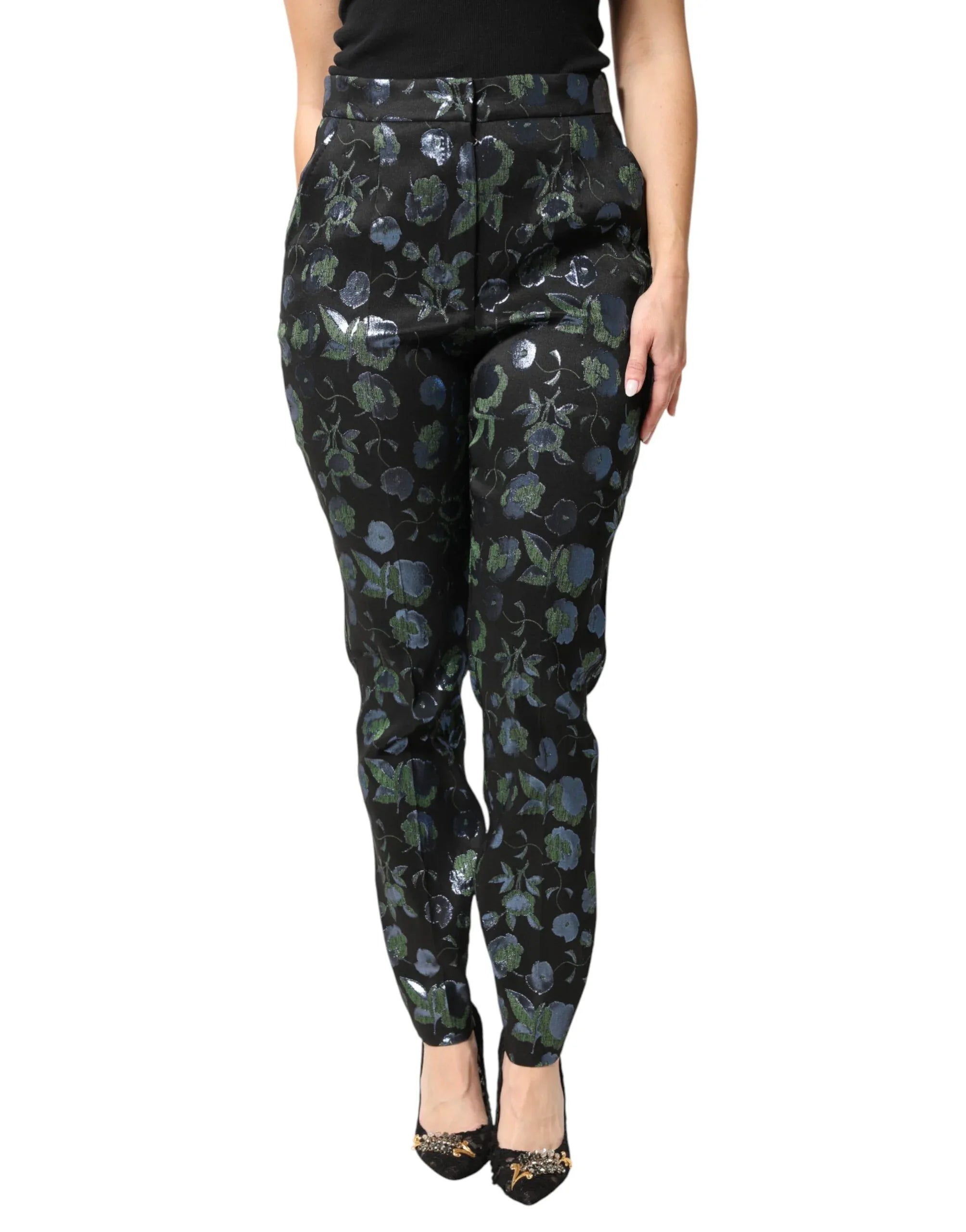 Dolce & Gabbana BlueGreen Floral Metallic Slim Trouser Pants - Zeiniez