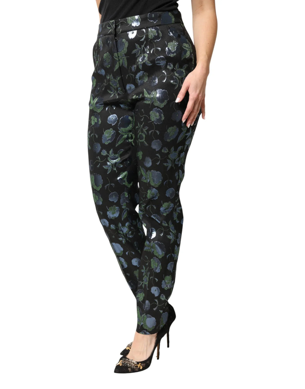 Dolce & Gabbana BlueGreen Floral Metallic Slim Trouser Pants - Zeiniez