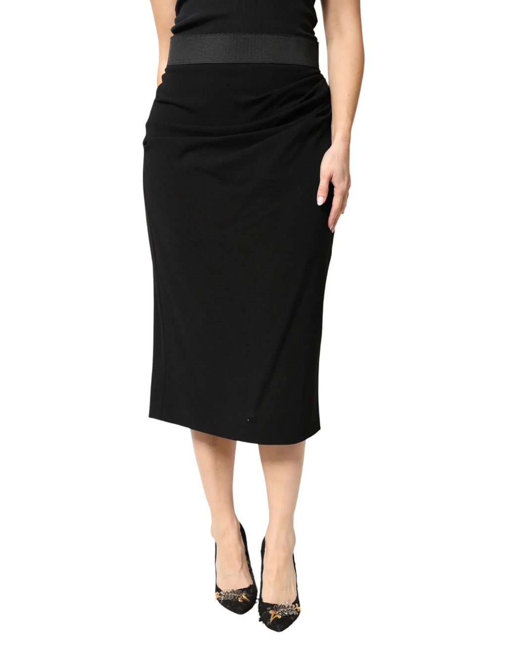 Dolce & Gabbana Black Wool High Waist Pencil Cut Midi Skirt - Zeiniez