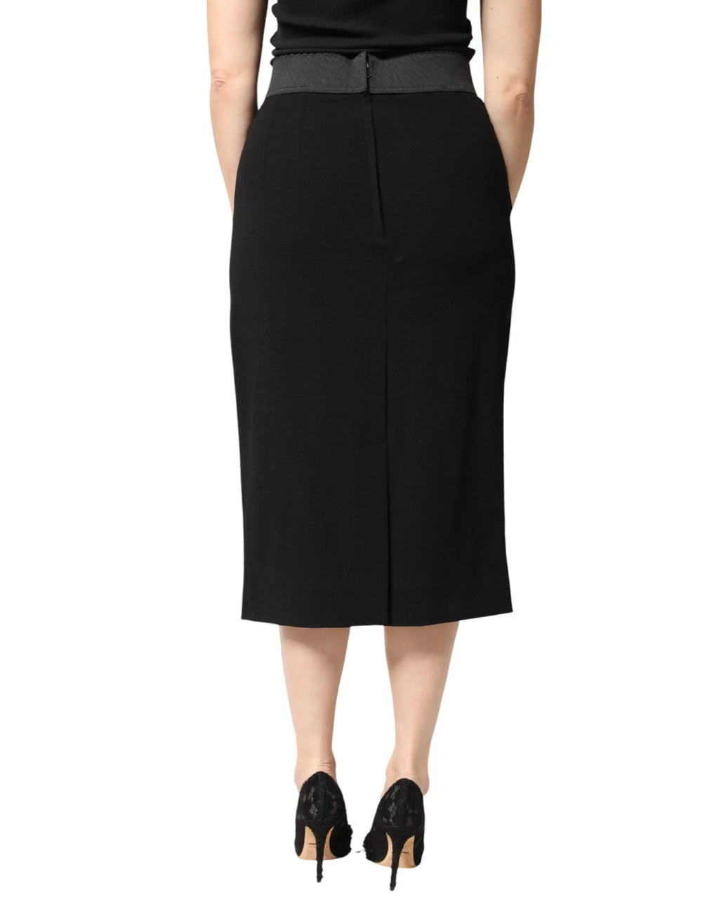 Dolce & Gabbana Black Wool High Waist Pencil Cut Midi Skirt - Zeiniez