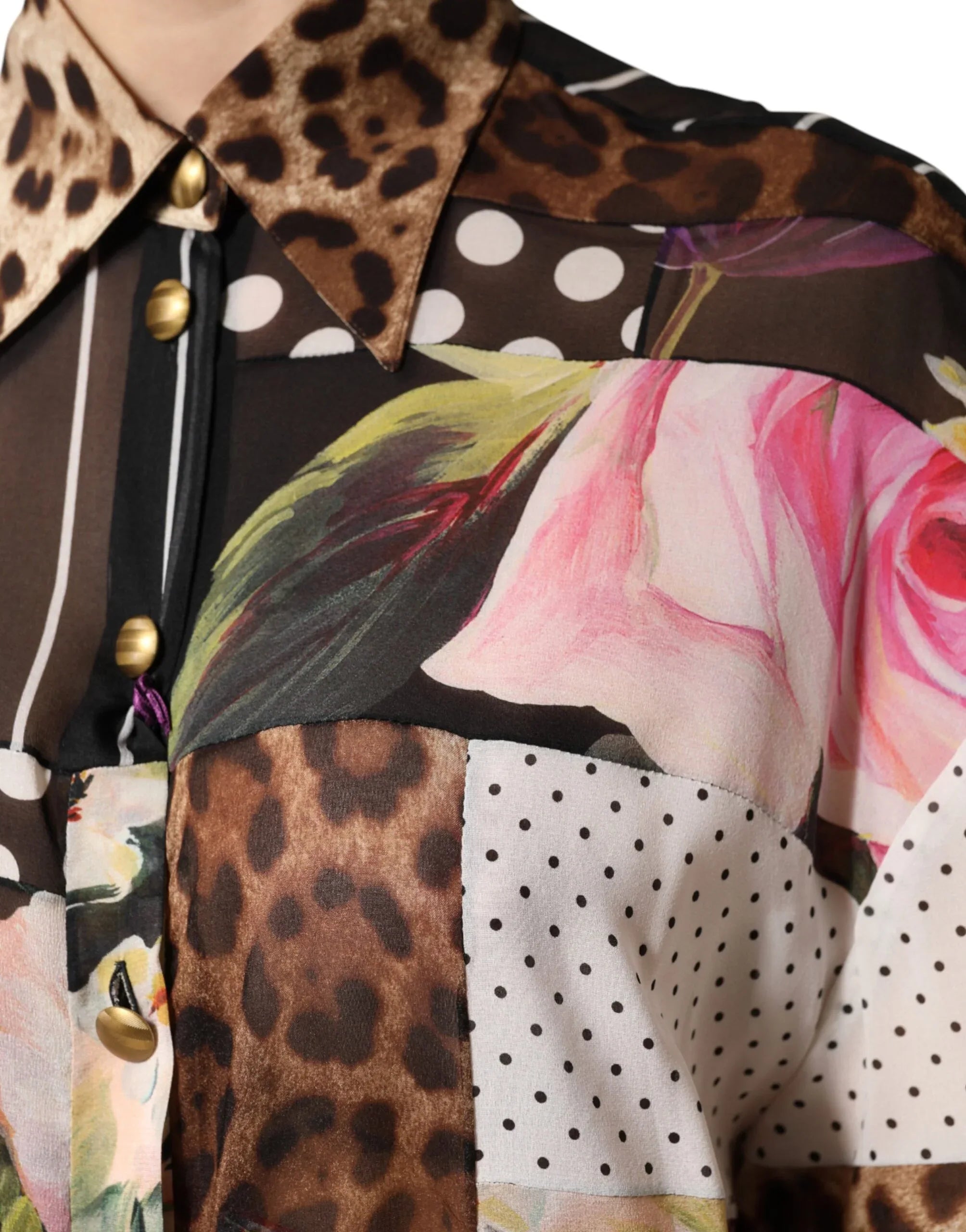 Dolce & Gabbana Multicolor Patchwork Silk CollaredBlouse Top - Zeiniez