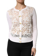 Dolce & Gabbana Cream Lace Knit Rose Button Cardigan Sweater - Zeiniez