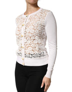 Dolce & Gabbana Cream Lace Knit Rose Button Cardigan Sweater - Zeiniez