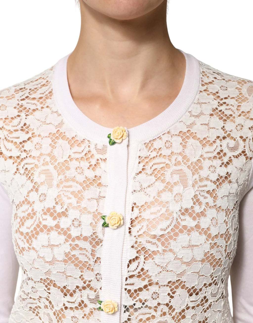 Dolce & Gabbana Cream Lace Knit Rose Button Cardigan Sweater - Zeiniez