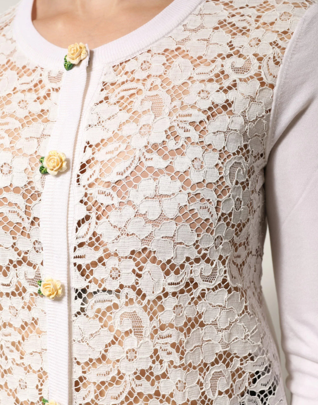 Dolce & Gabbana Cream Lace Knit Rose Button Cardigan Sweater - Zeiniez