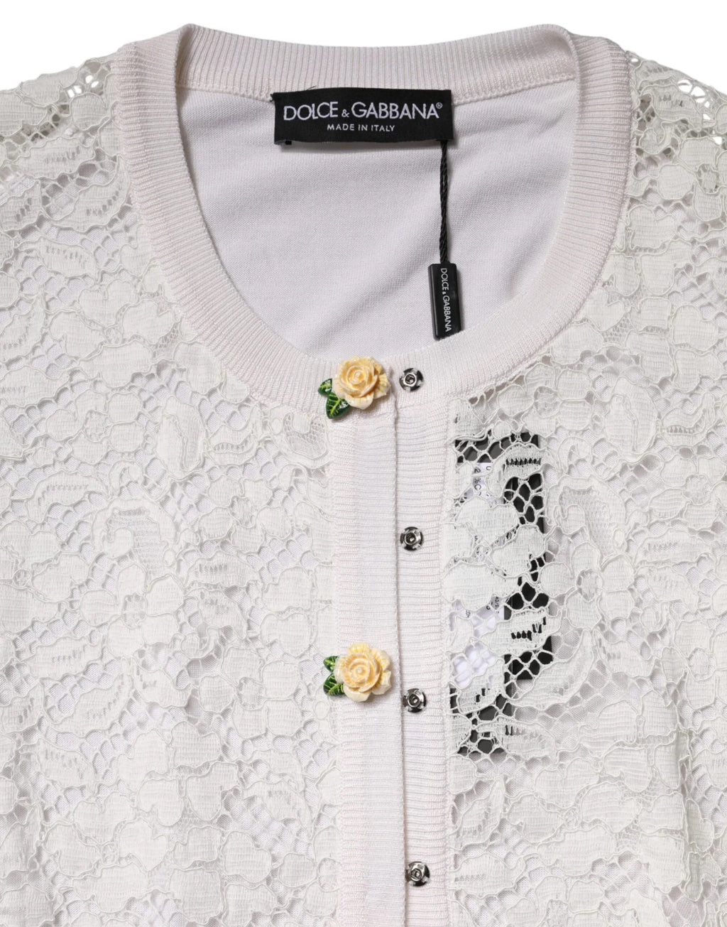 Dolce & Gabbana Cream Lace Knit Rose Button Cardigan Sweater - Zeiniez