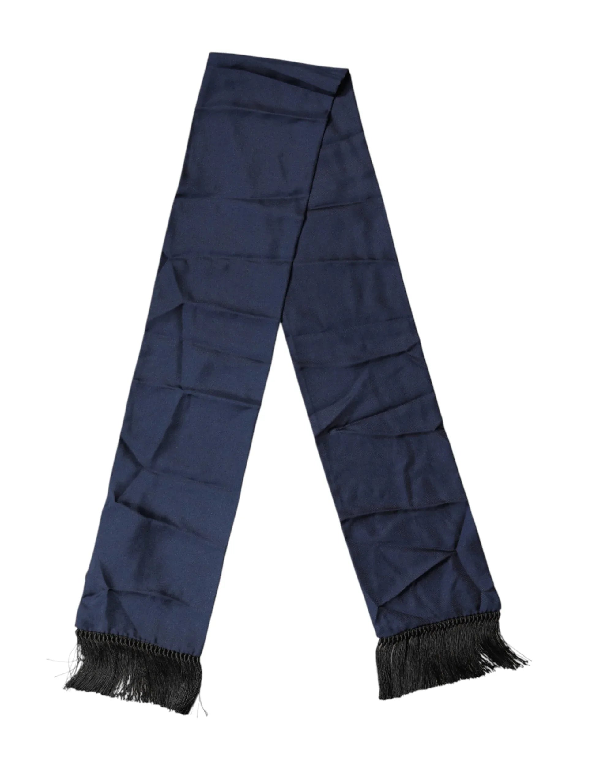 Dolce & Gabbana Navy Blue Silk Fringes Neck Foulard Scarf - Zeiniez