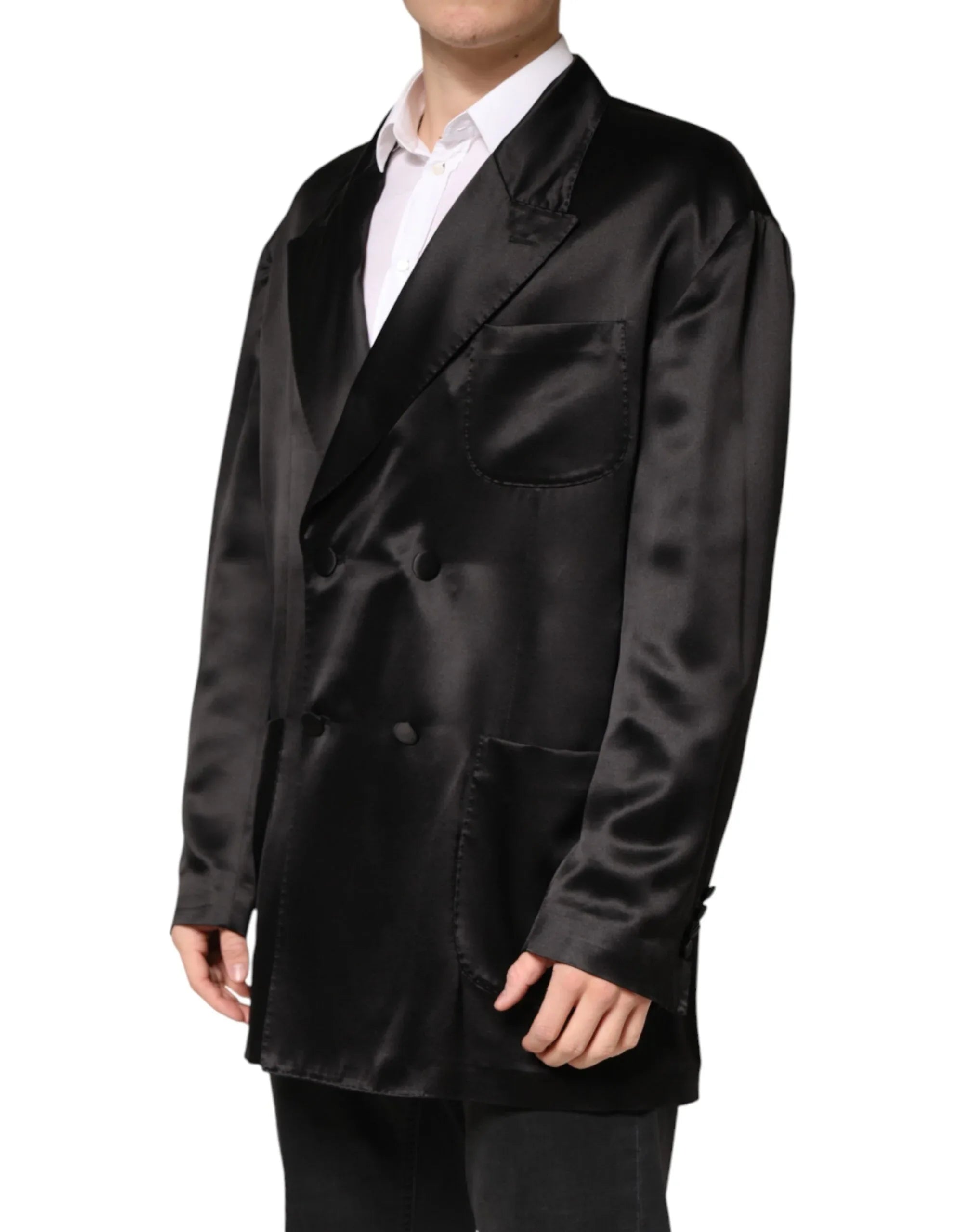 Dolce & Gabbana Black Silk Double Breasted 2 Button Blazer - Zeiniez
