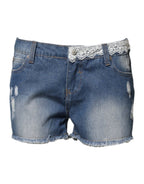 Gio Cellini Blue Cotton Low Waist Denim Casual Hot Pants Shorts - Zeiniez