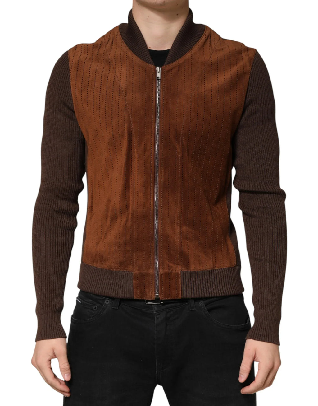 Dolce & Gabbana Brown Velvet Calfskin Full Zip Biker Jacket - Zeiniez